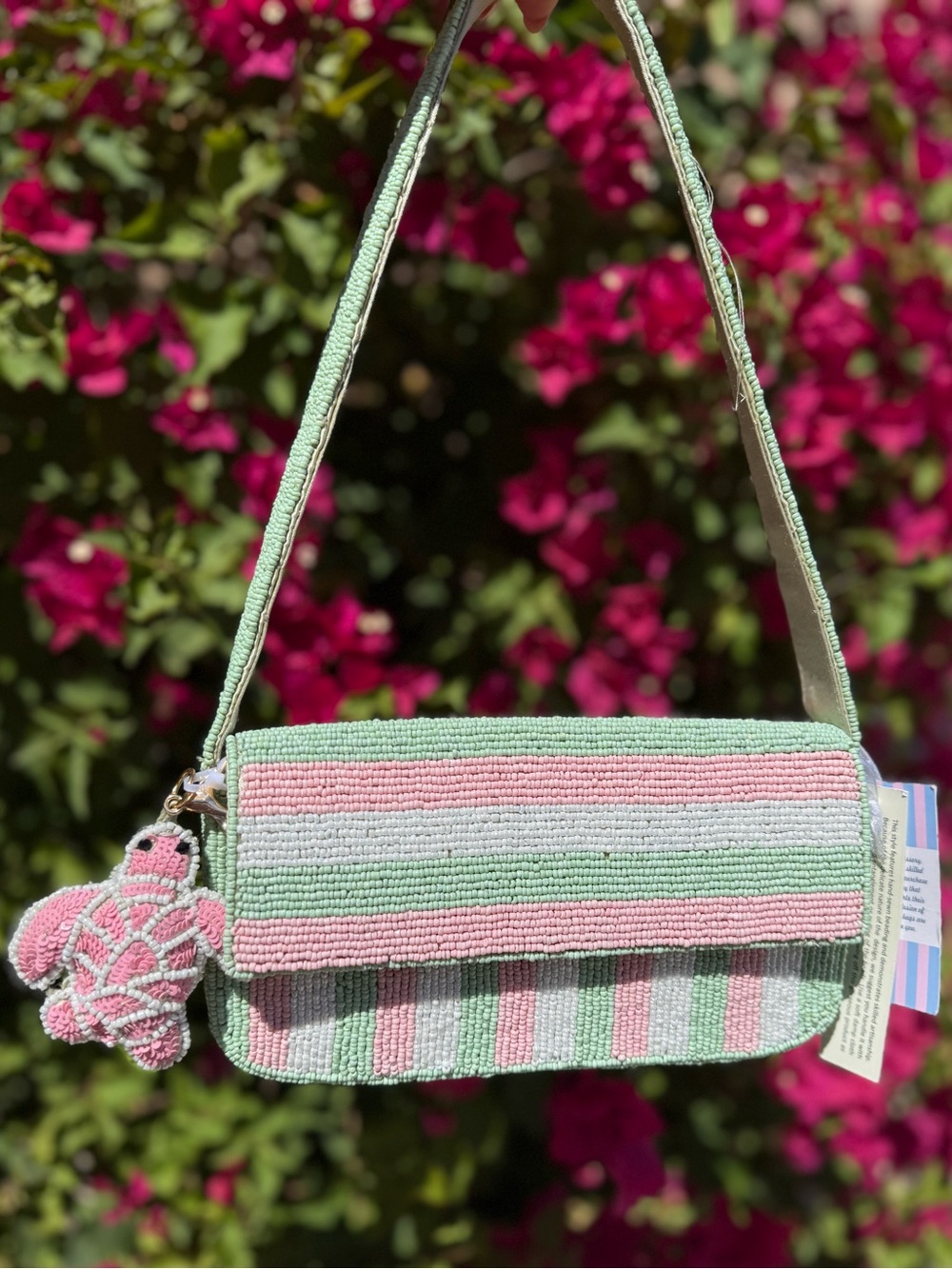 NWT Made in India Green Pink White Striped Beaded Bag with Turtle Bag Charm New